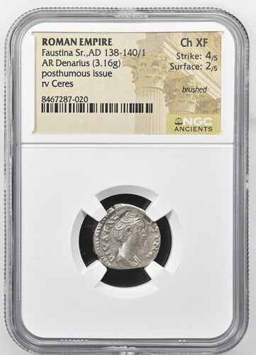 Roman Empire - Faustina I - Silver Denarius - NGC Ch XF - RIC:356a