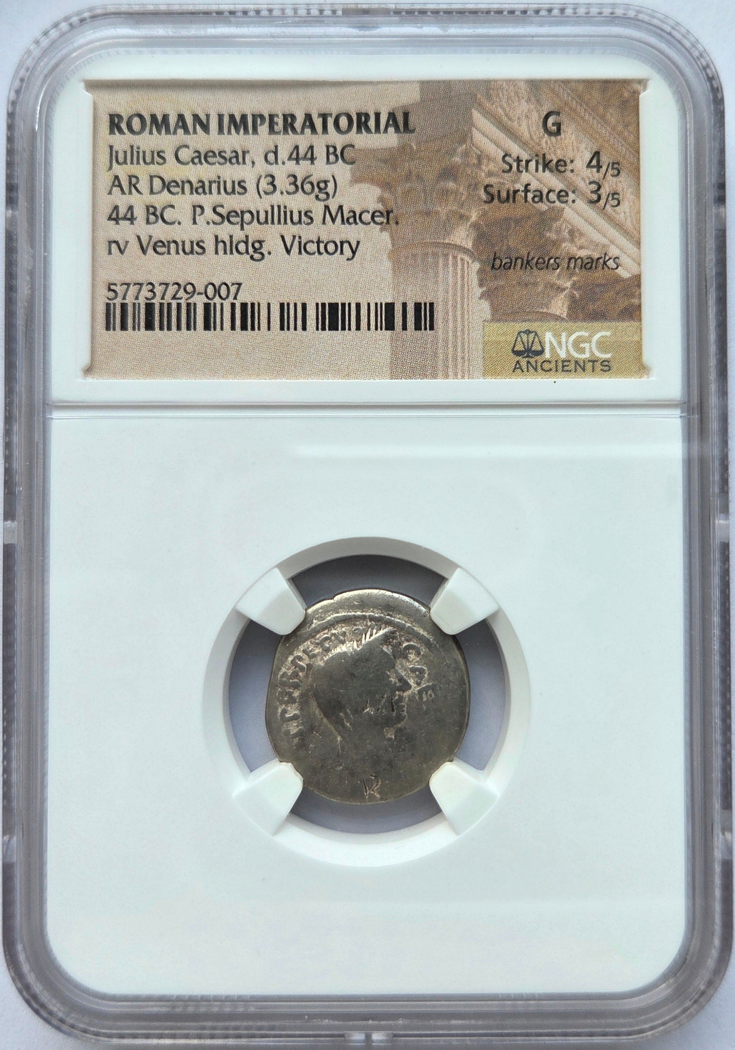 Roman Imperatorial - Julius Caesar - Silver Denarius - NGC G - Crawf:480/4
