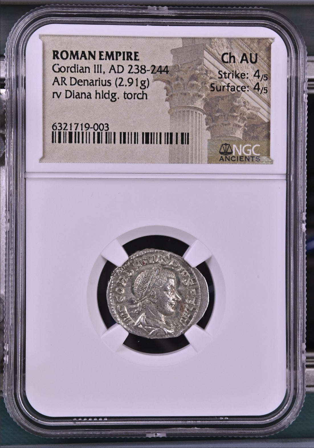 Roman Empire - Gordian III - Silver Denarius - NGC Ch AU - RIC:127