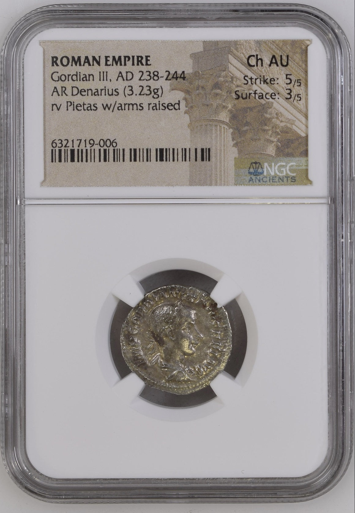 Roman Empire - Gordian III - Silver Denarius - NGC Ch AU - RIC:127